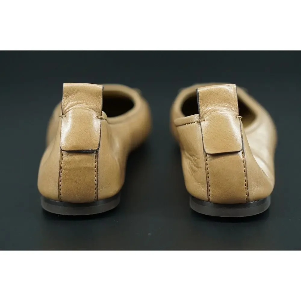 Tory Burch Ines Ballet Flat Leather Size 7.5 Square Toe Logo Tan Almond Rare